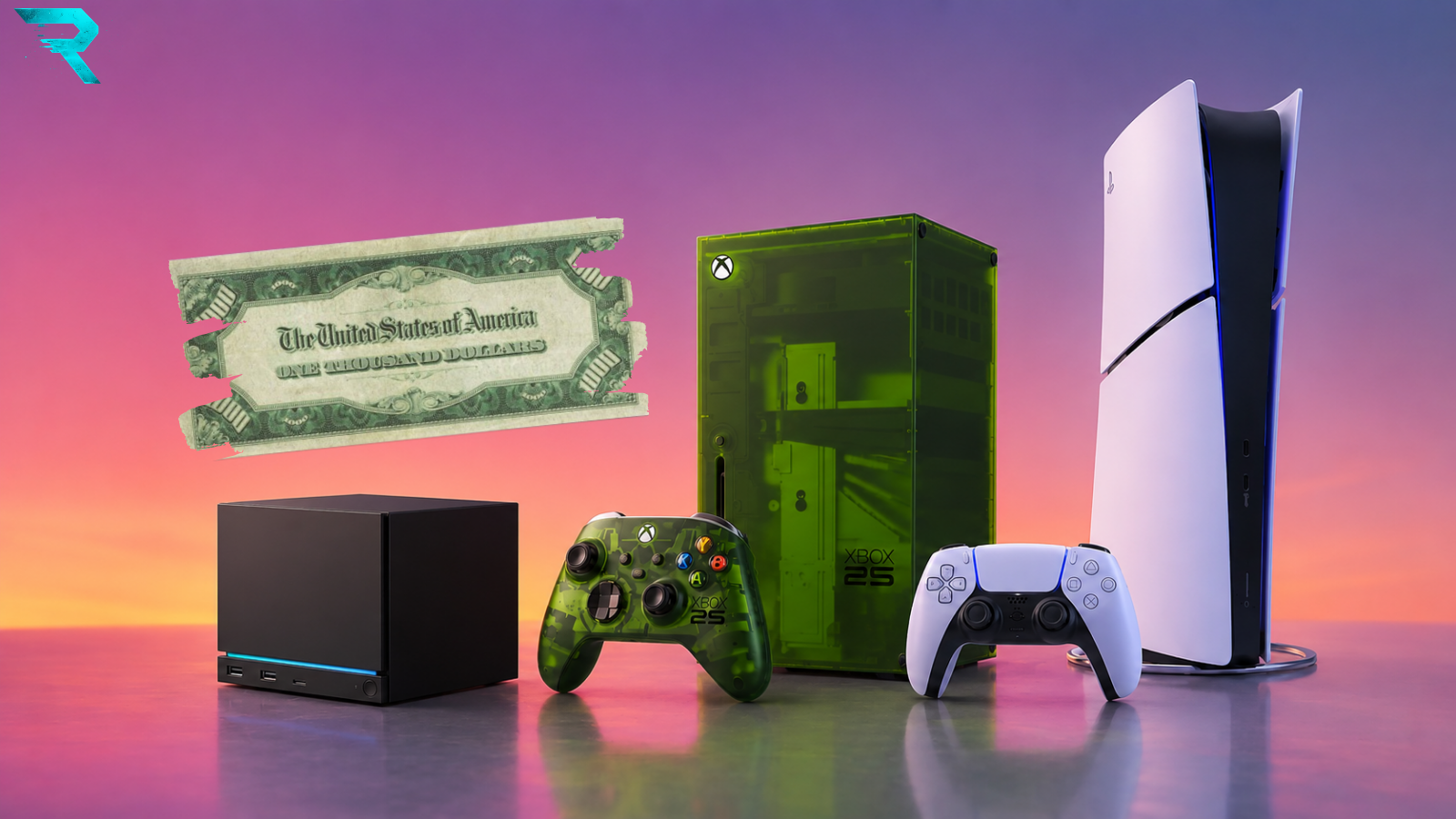 Xbox Series X, Steam Machine, and PS5 Pro consoles next to rising price graphic