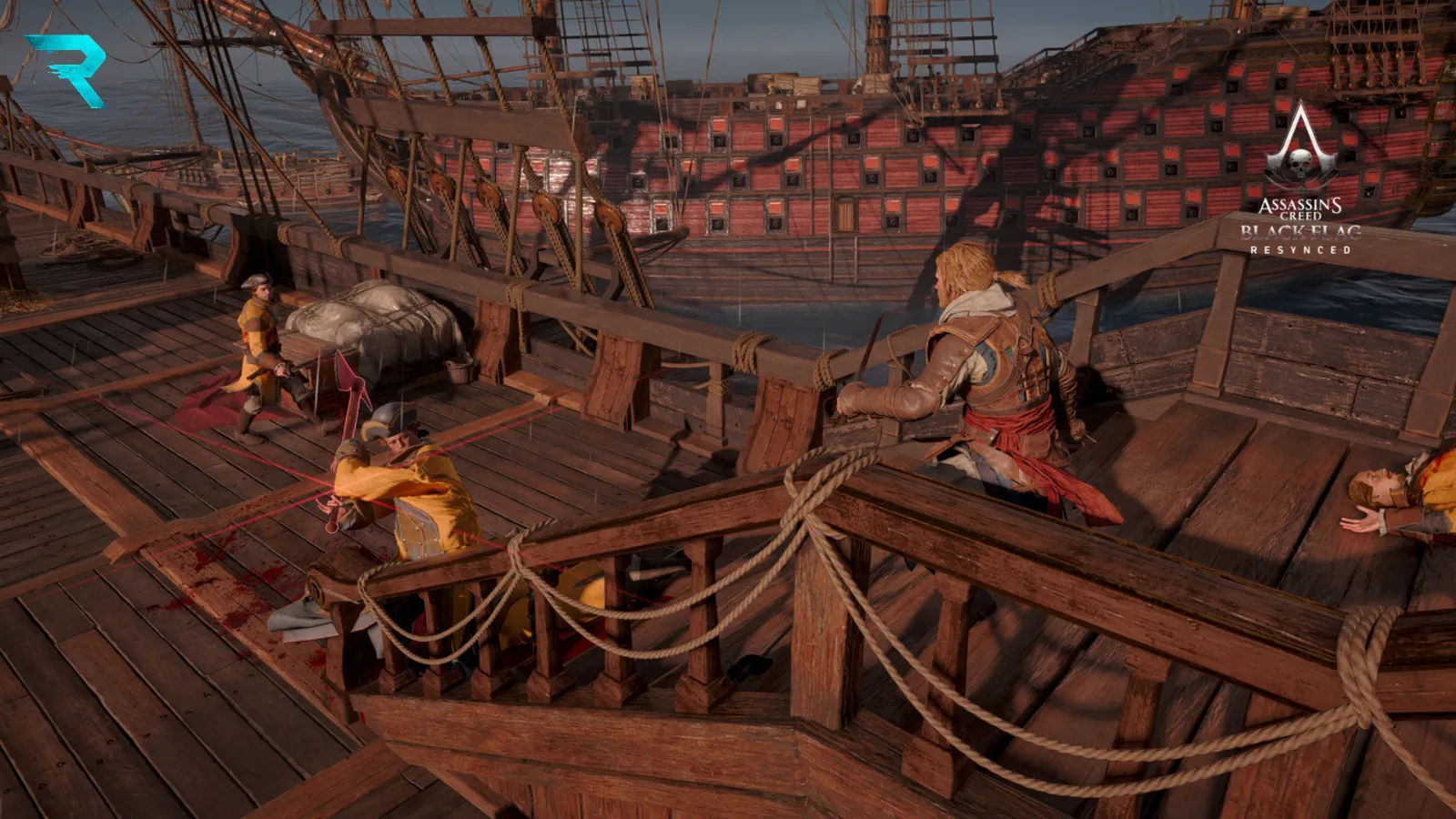 The Jackdaw sailing into battle in Assassin's Creed Black Flag Resynced