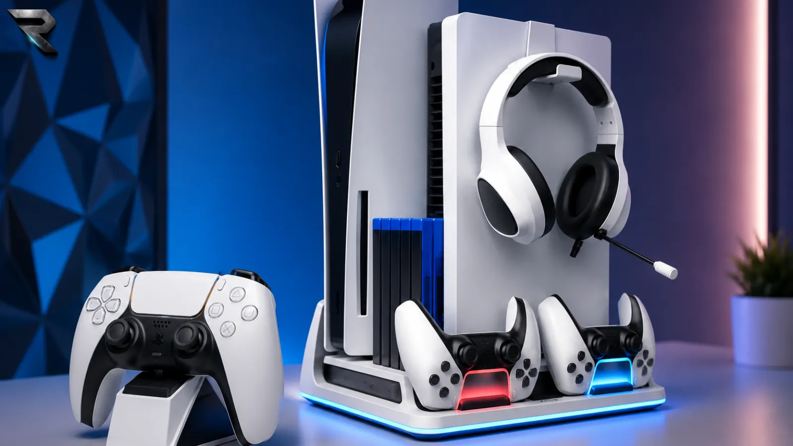 PS5 console with a cooling dock and DualSense controllers on a desk setup