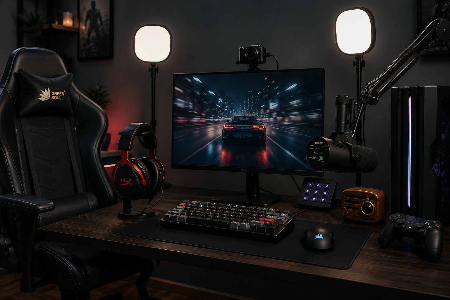 Streaming desk setup with boom arm microphone, gaming chair, key light and mechanical keyboard