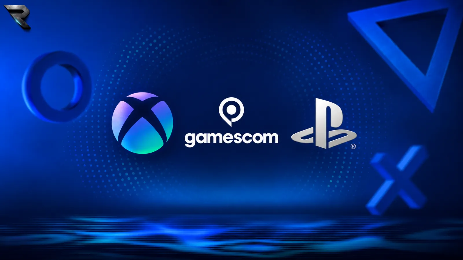 PlayStation and Xbox logos side by side over the Gamescom 2026 show floor in Cologne