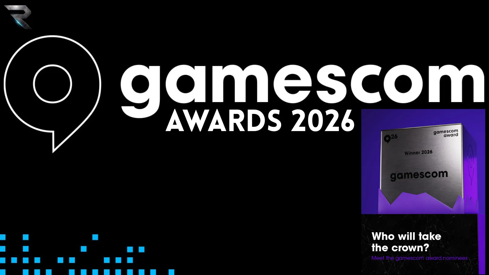 The gamescom Award 2026 trophy artwork with the show floor in the background
