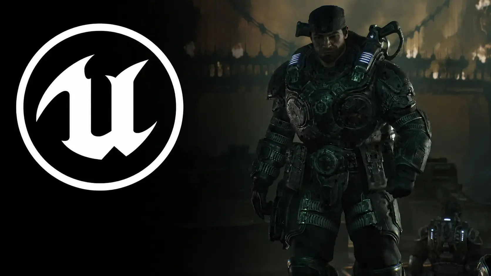 Marcus Fenix walking through a lit street in Kalona, showcasing Unreal Engine 5 MegaLights