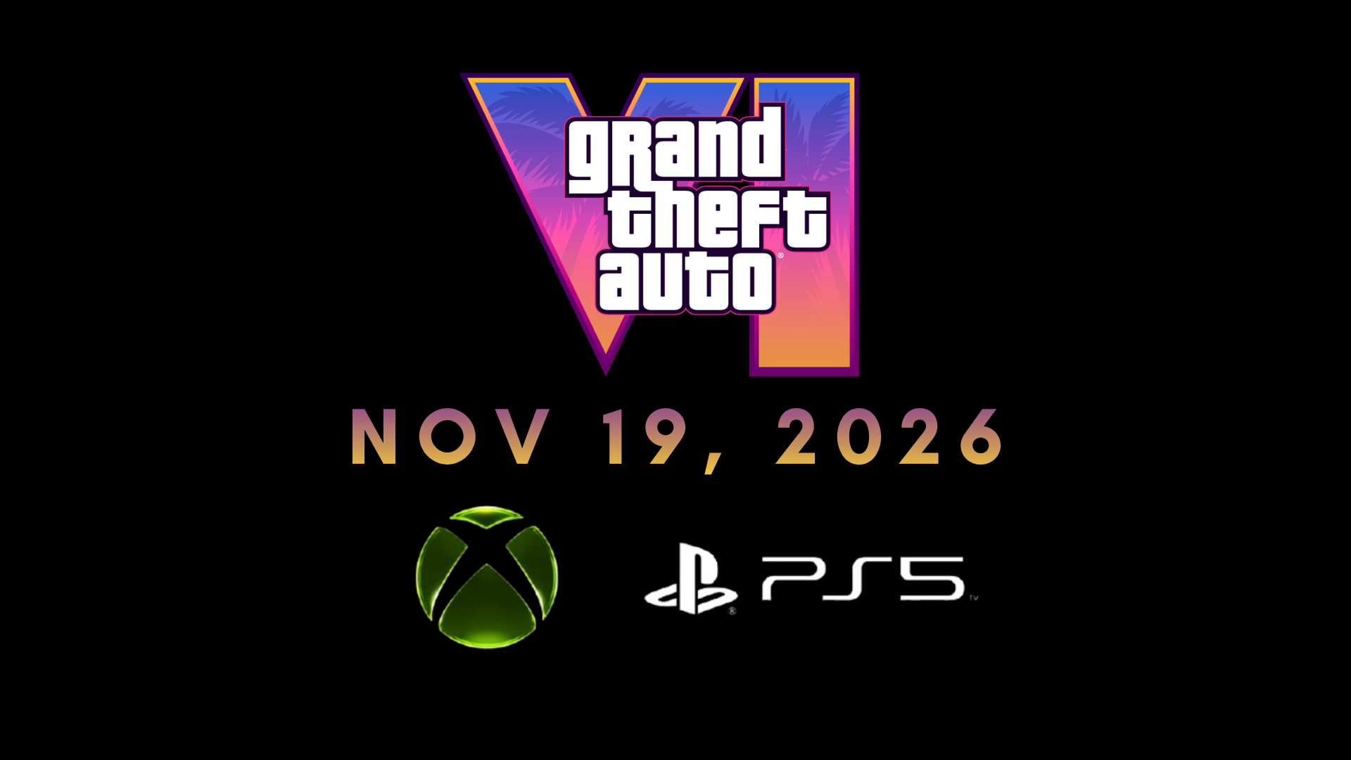 GTA VI logo against a neon-lit Miami skyline