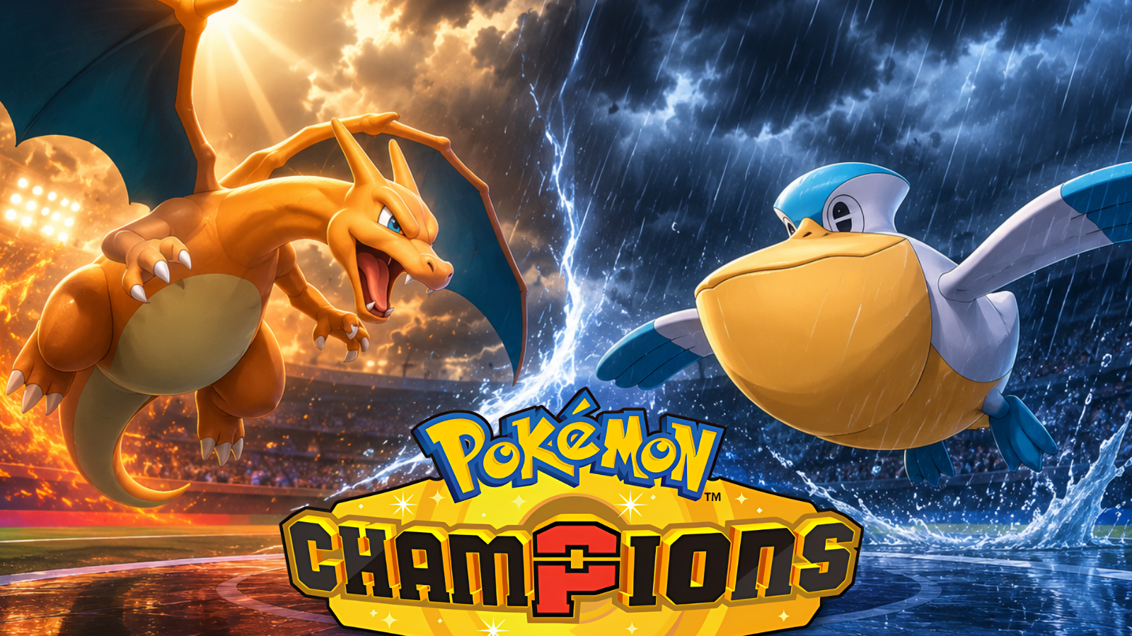 Mega Charizard Y and Pelipper facing off under clashing weather in Pokémon Champions