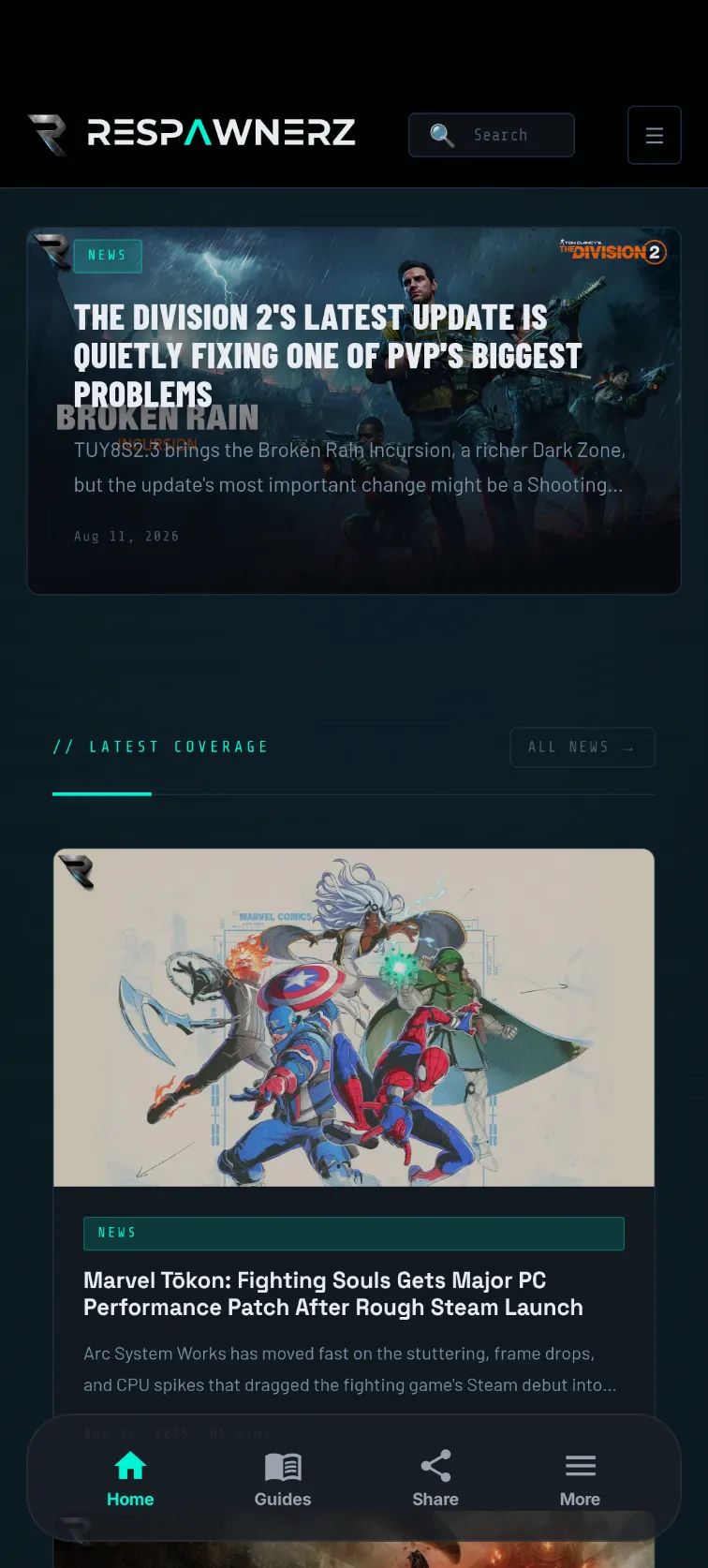 Respawnerz Android app, Home Page